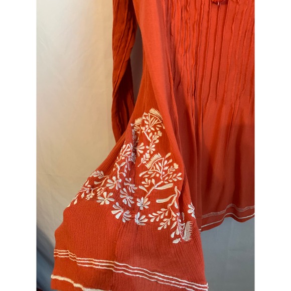 Tularosa Boho Pleated Embroidered Burnt Orange XS Womens Long Sleeve Lined Dress - Picture 3 of 9